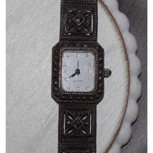 Vintage OBJ Quartz Sterling Silver Marcasite Ladies Watch 34.2G / 6.75in main image 5